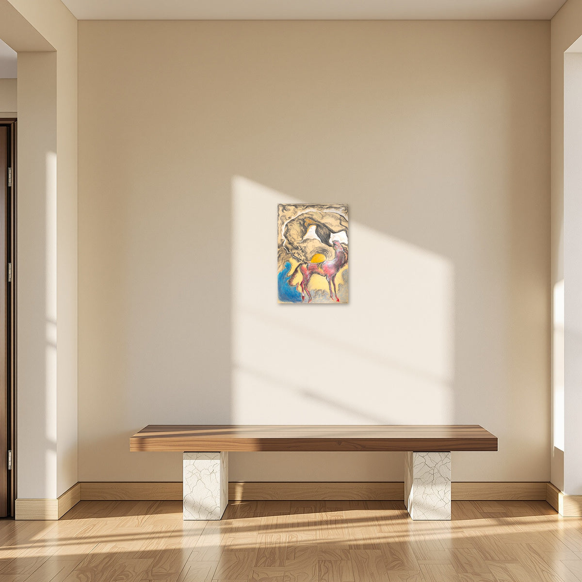 Don’t bite the horse by Polina Gazeeva shown to scale in a room above a bench (42 x 59.4 cm)