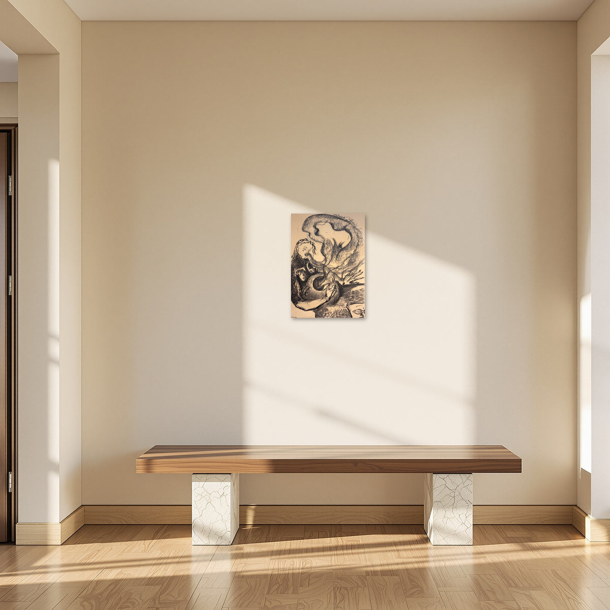 Hungry by Polina Gazeeva shown to scale in a room above a bench (42 x 59.4 cm)
