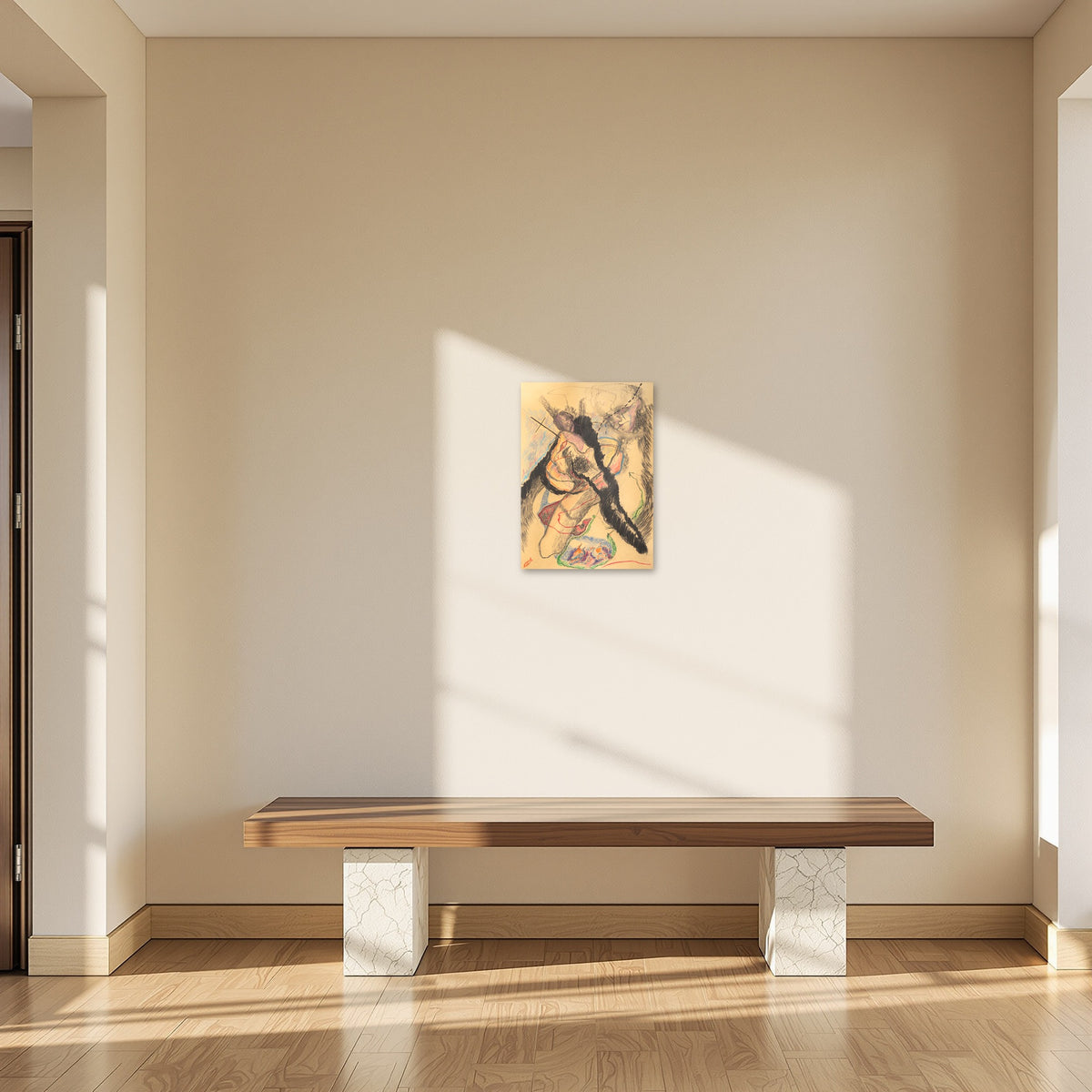 Into Abstraction by Polina Gazeeva shown to scale in a room above a bench (42 x 59.4 cm)
