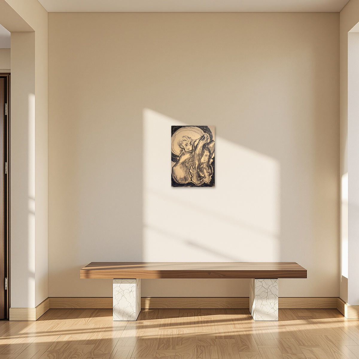 Legs by Polina Gazeeva shown to scale in a room above a bench (42 x 59.4 cm)